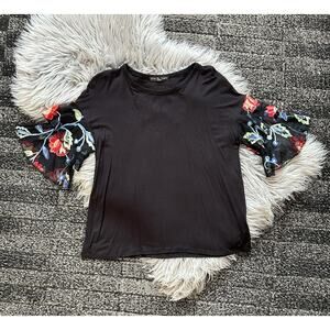 Kim & Cami Women’s Top Blouse M Black Floral Embroider Mesh‎ Flutter Fiesta Boho